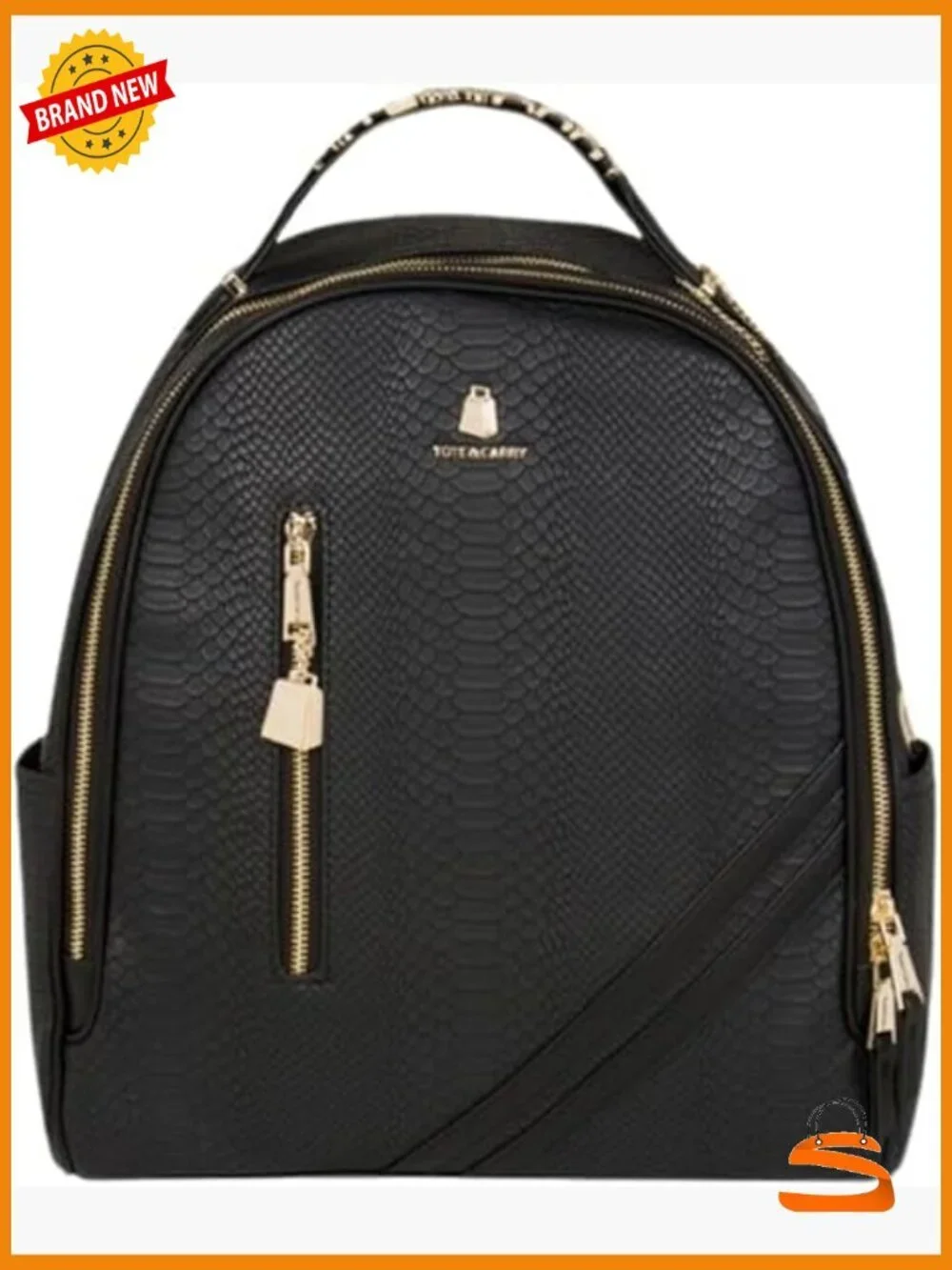 Large Vegan Leather Backpack, Water-Resistant, Laptop Carry-On, Gold Zippers